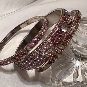 VINTAGE 1990’s 3- Amethyst Crystal Rhinestone Glitter Stackable Bangle Bracelets